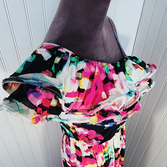 H&M Womens Dress sz 4 One Shoulder Bright Abstract Print Midi Ruffle Pink White - Picture 6 of 13